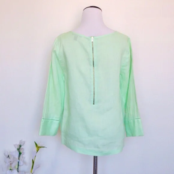 NEW! J. Crew Floral Embroidered 100% Linen Blouse Exposed Zipper Mint Green SZ 2 - Picture 6 of 8
